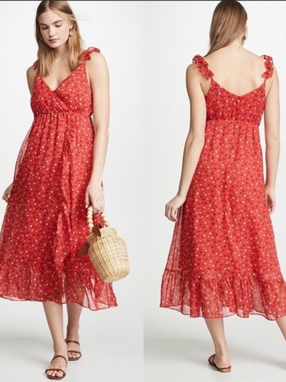 Madewell Red Floral Midi Dress with Ruffle Straps